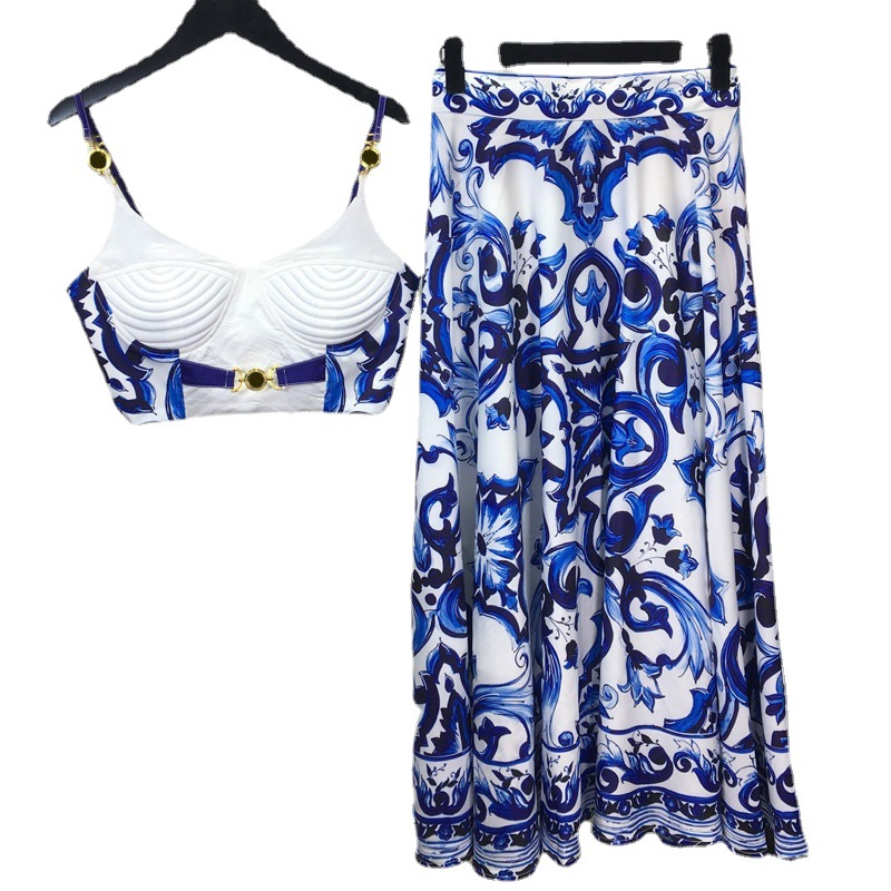 Romper Floral Print - 女性用ツーピースセット,タンクトップ,スパゲッティストラップ,パッド入りカップ,プリント,ブルー,ホワイト,夏用