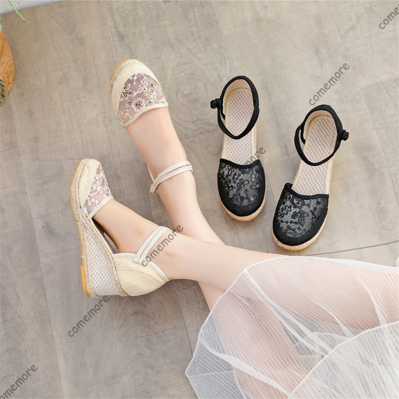 Wedge Espadrille Women - 女性のレースメッシュエスパドリーユウェッジサンダルアンクルストラップクローズドトゥプラットフォームシューズ通気性のあるサマーサンダル快適なサイズ41