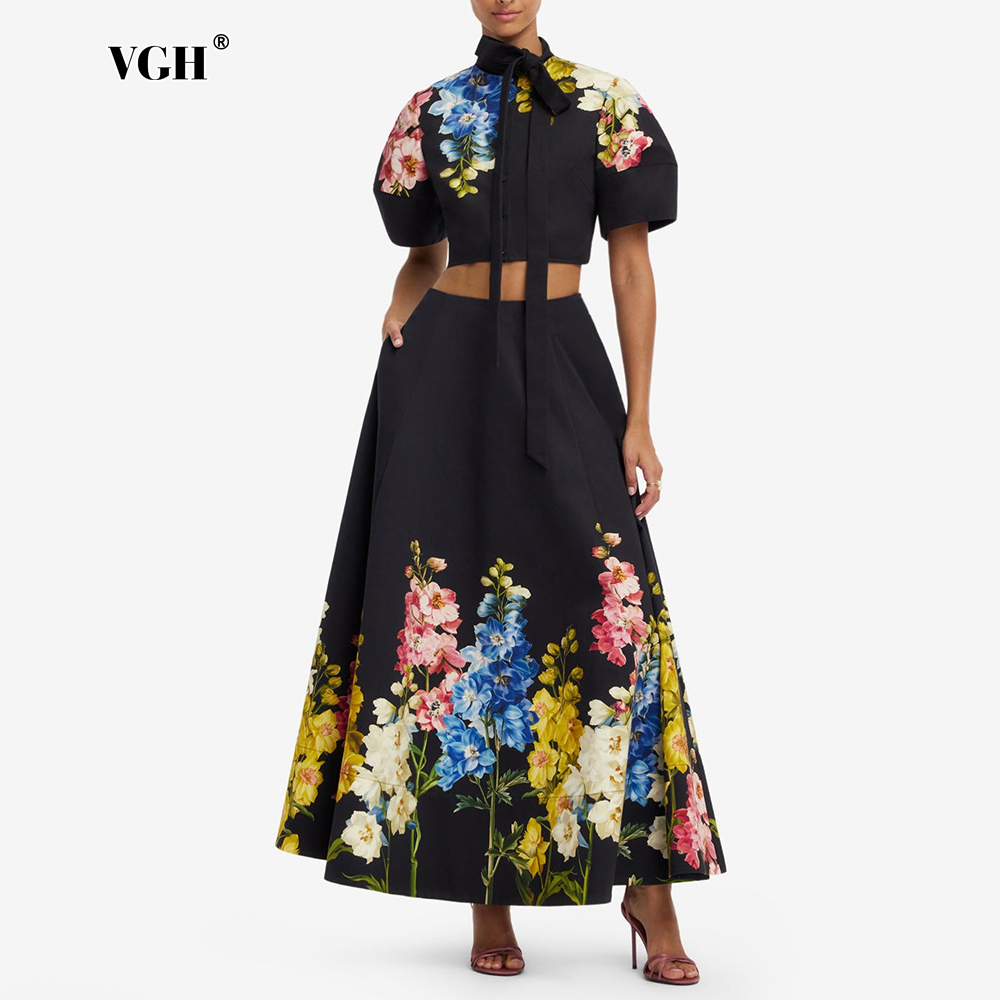 Midi Skirt Floral - VGH エレガントな花柄プリントのツーピースセット（女性用）ネックボウパフショートスリーブクロップトップとAラインミディスカート、パーティーやバケーションに最適