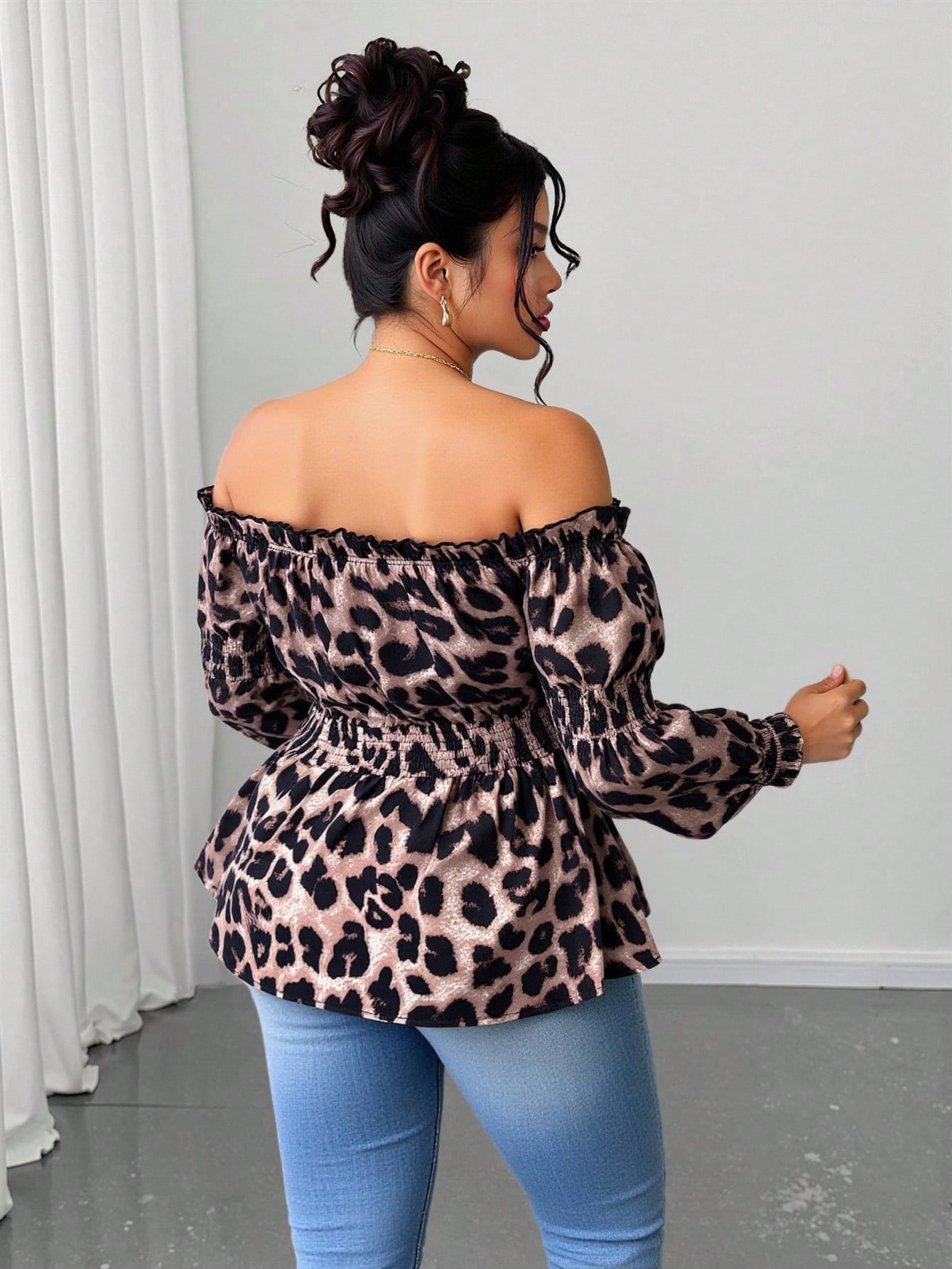 プラスサイズ女性用レオパード柄ラッフルオフショルダー長袖ファ - Blouse Off Shoulder のレビューと価格